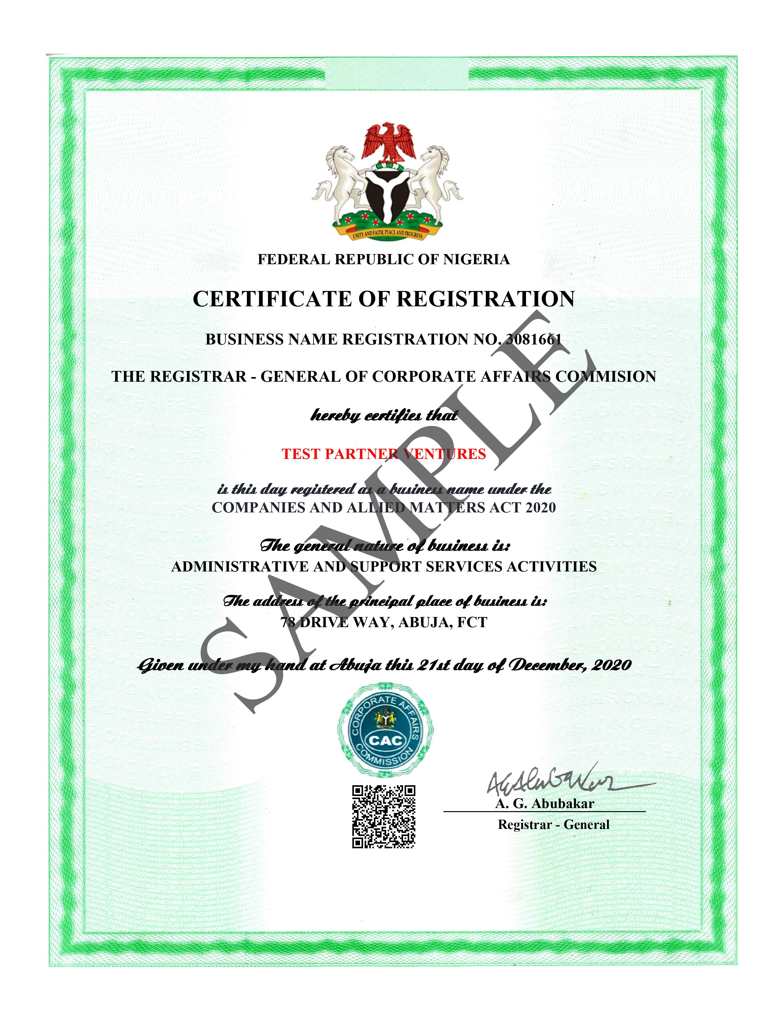 CAC Certificate Sample - Business Name